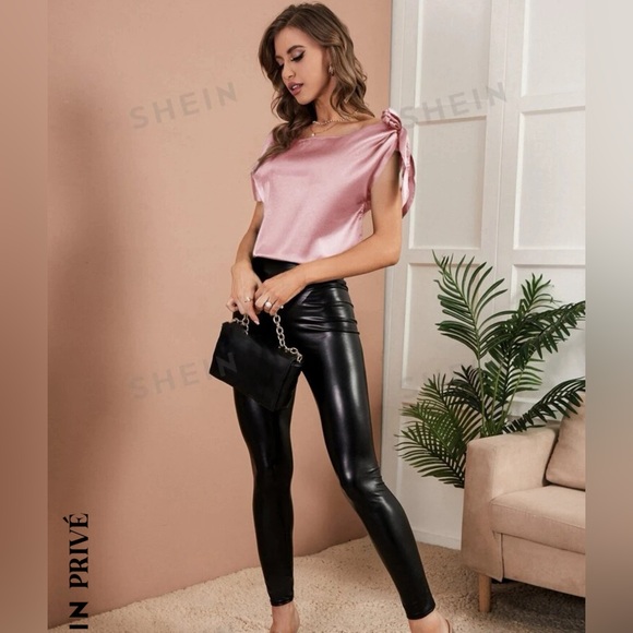 SHEIN Privé Tie Shoulder Asymmetrical Neck Satin Blouse - Picture 2 of 4